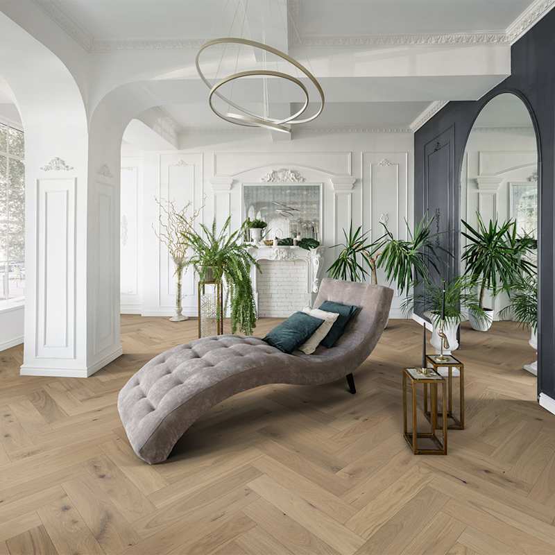 Mullican Castillian Herringbone 4.92" Wide Wire Brushed Engineered European White Oak Flooring, Low Gloss, Monroe Bisque – 13.45 SF/Carton - Image 2