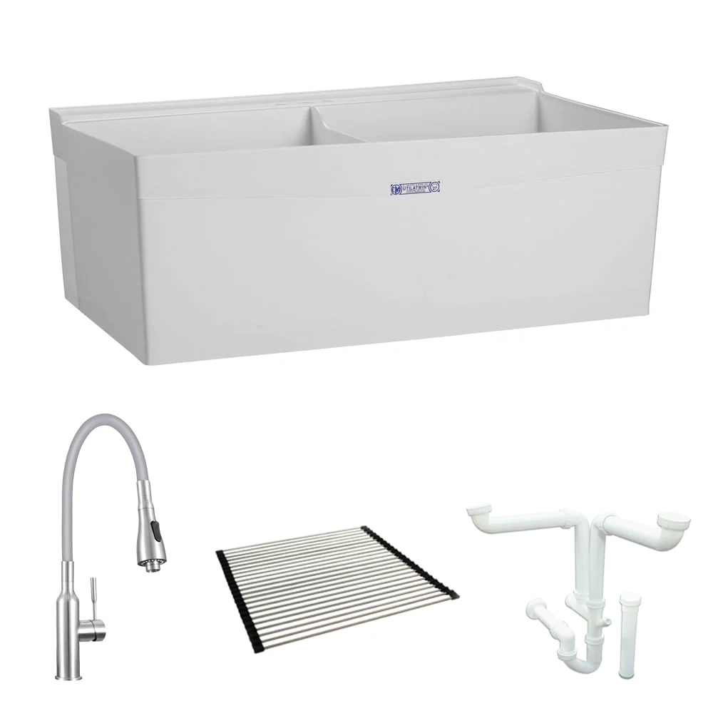 Mustee 25-in x 40-in 2-Basin Wall Mount Laundry Sink with Faucet
