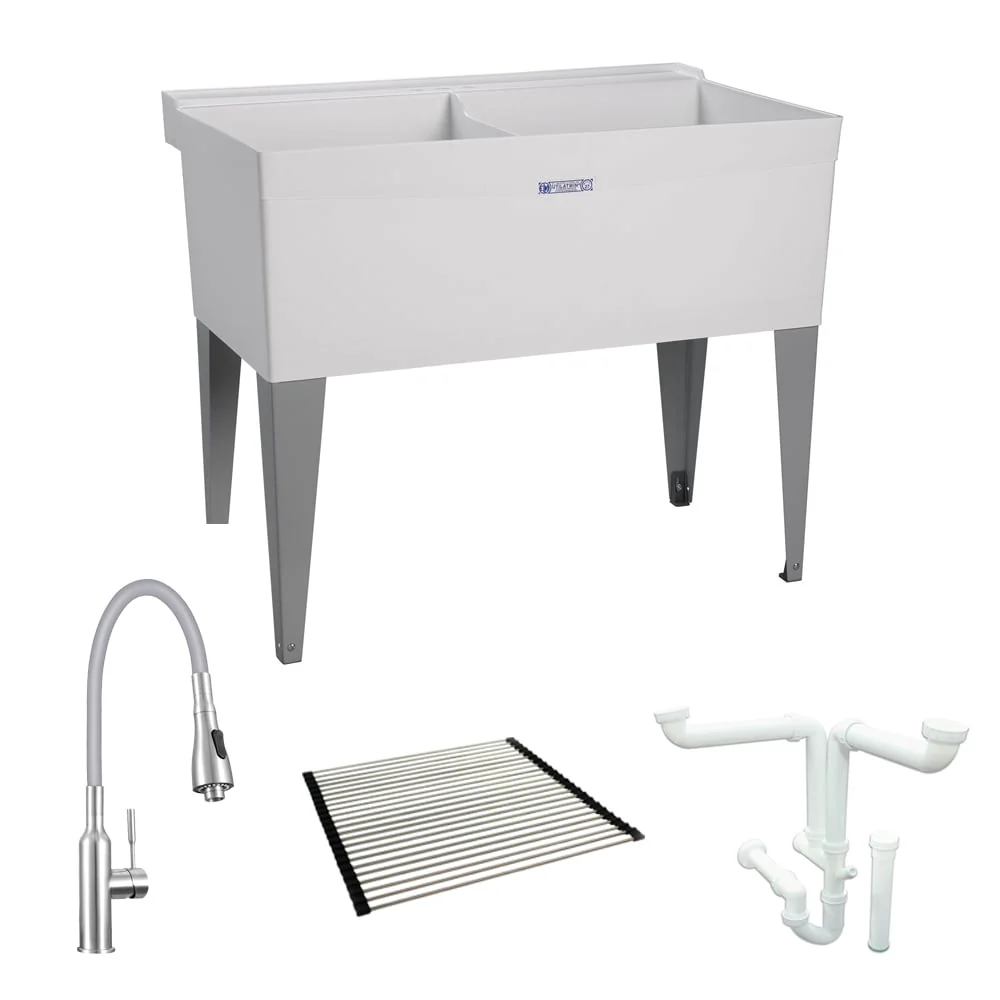 Mustee 25-in x 40-in Freestanding Two-Basin Laundry Sink with Drain and Faucet