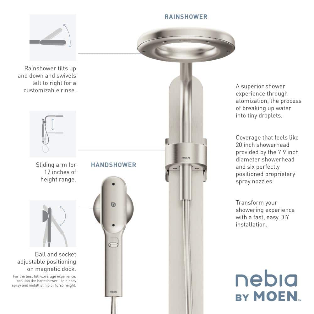 Nebia by Moen 1-Spray 8 in. Dual Shower Head and Handheld with Magnetic Dock, Spot Resist Brushed Nickel - Image 4
