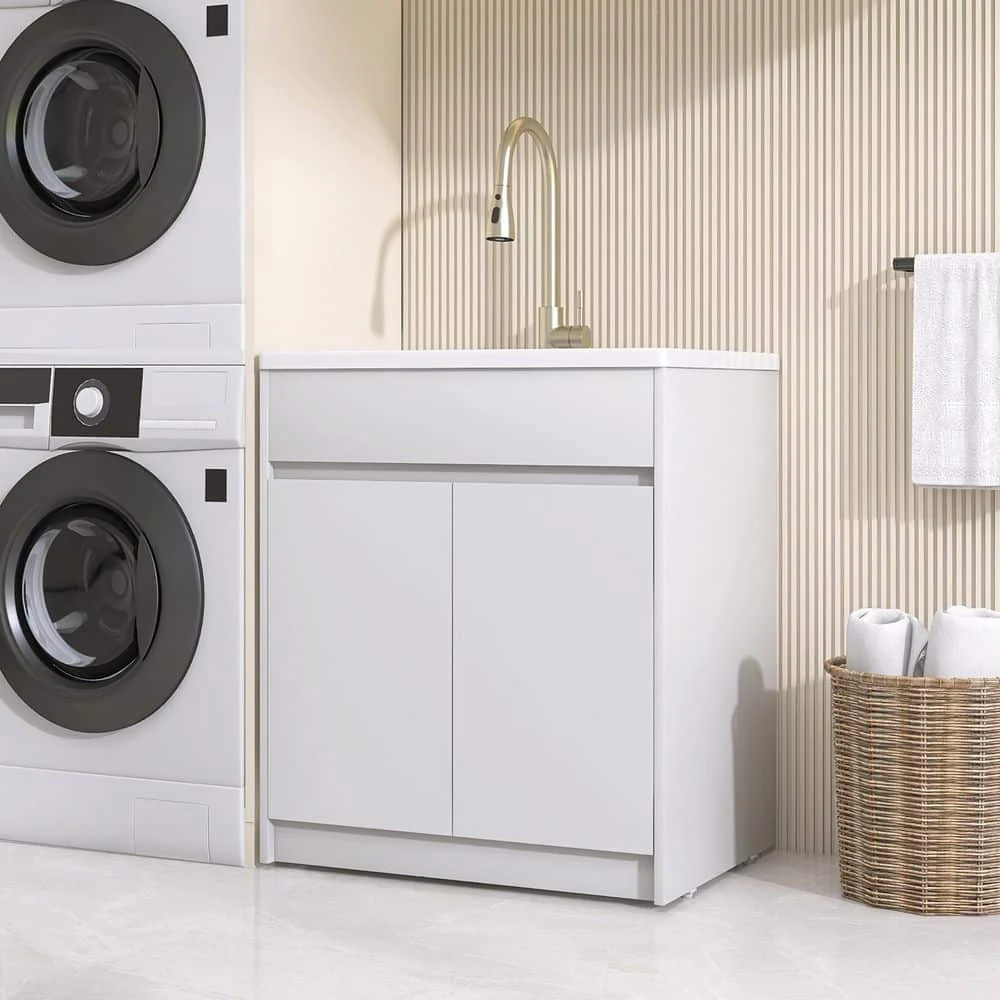 NTQ 30 in. Solid Surface Laundry/Utility Sink & Cabinet with Stainless Steel Faucet
