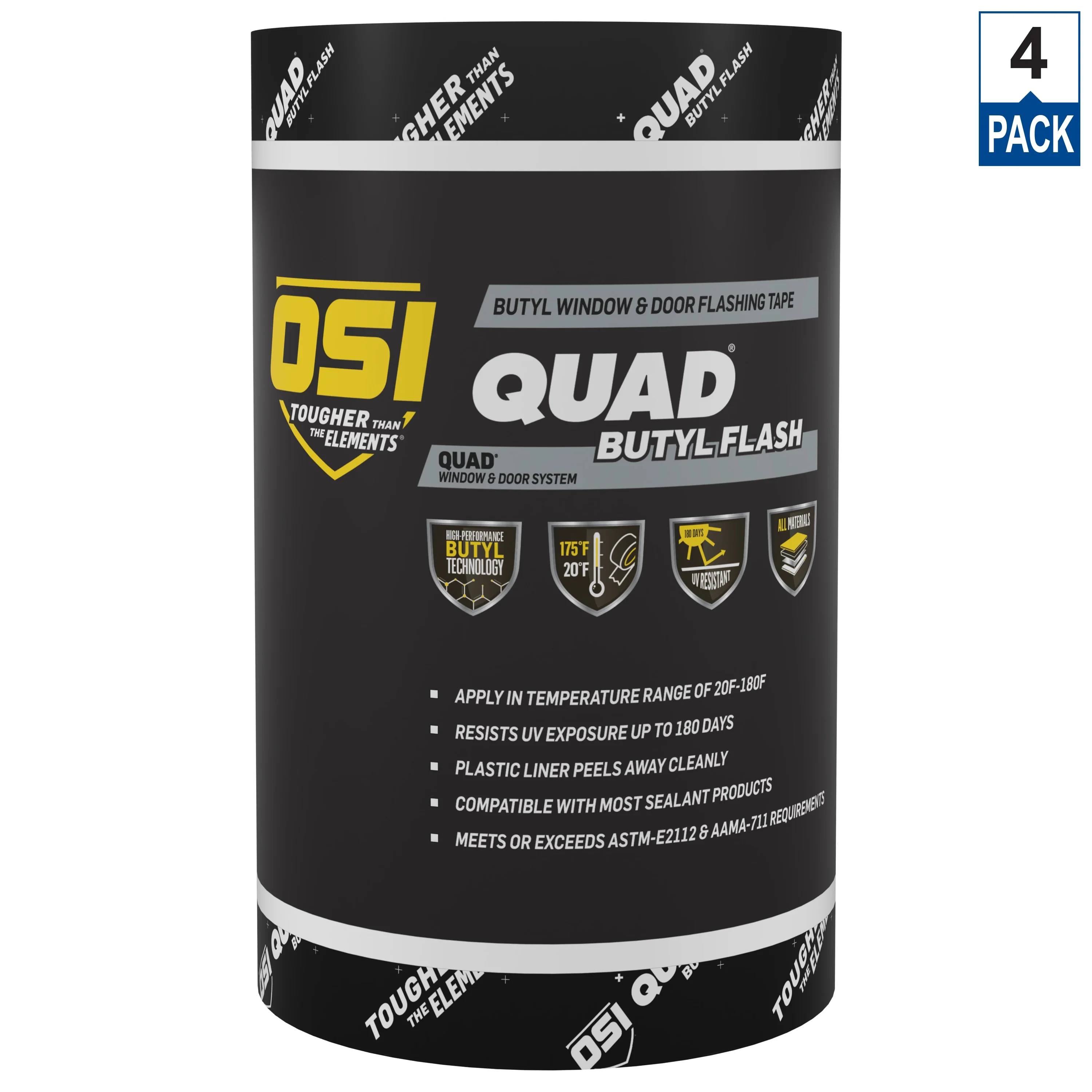 OSI Quad Butyl Flash Tape, 9-in x 75-ft, Silver Butyl Rubber Self-Adhesive Roll Flashing, 4-Pack