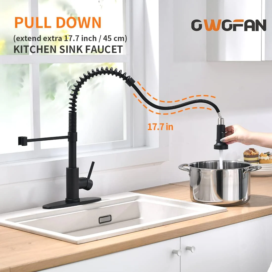 OWOFAN Black Kitchen Faucet with Pull Down Sprayer - Stainless Steel, Single Handle, Dual Function - Image 3