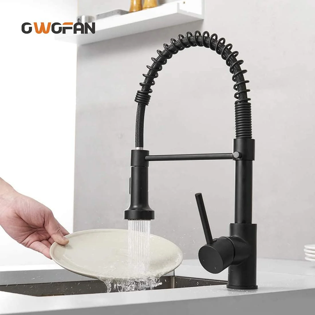 OWOFAN Black Kitchen Faucet with Pull Down Sprayer - Stainless Steel, Single Handle, Dual Function - Image 8