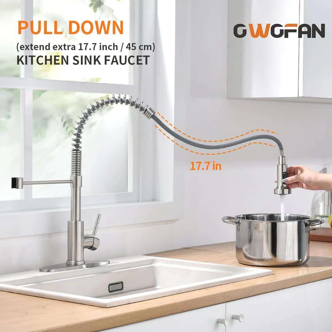 OWOFAN Pull Down Kitchen Faucet, Brushed Nickel Stainless Steel, Single Handle, Dual Function - Image 3