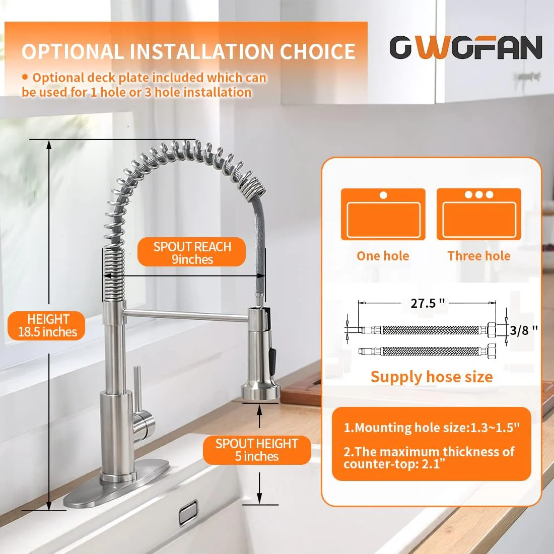 OWOFAN Pull Down Kitchen Faucet, Brushed Nickel Stainless Steel, Single Handle, Dual Function - Image 4