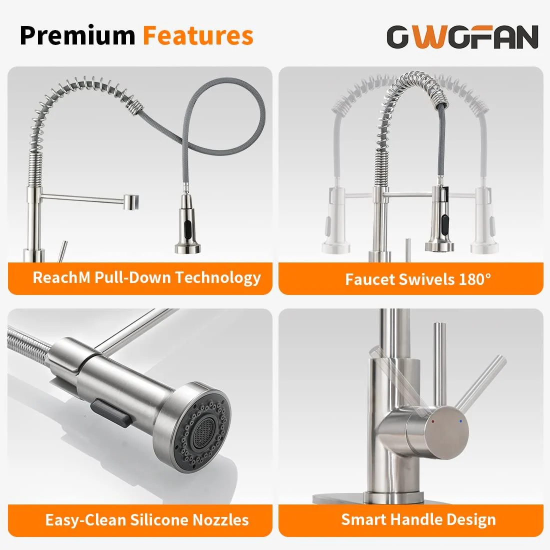 OWOFAN Pull Down Kitchen Faucet, Brushed Nickel Stainless Steel, Single Handle, Dual Function - Image 5