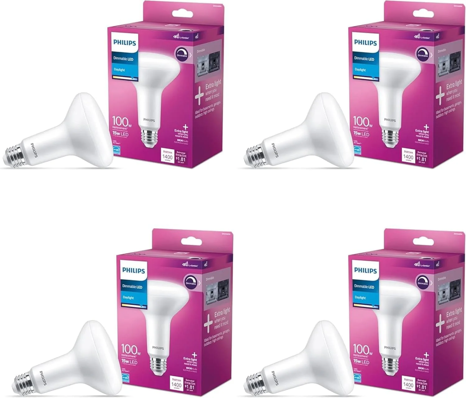 Philips 100-Watt Equivalent BR30 Dimmable LED Light Bulbs, Daylight 5000K, 1400 Lumens, 15W, E26 Base, Frosted – 4-Pack