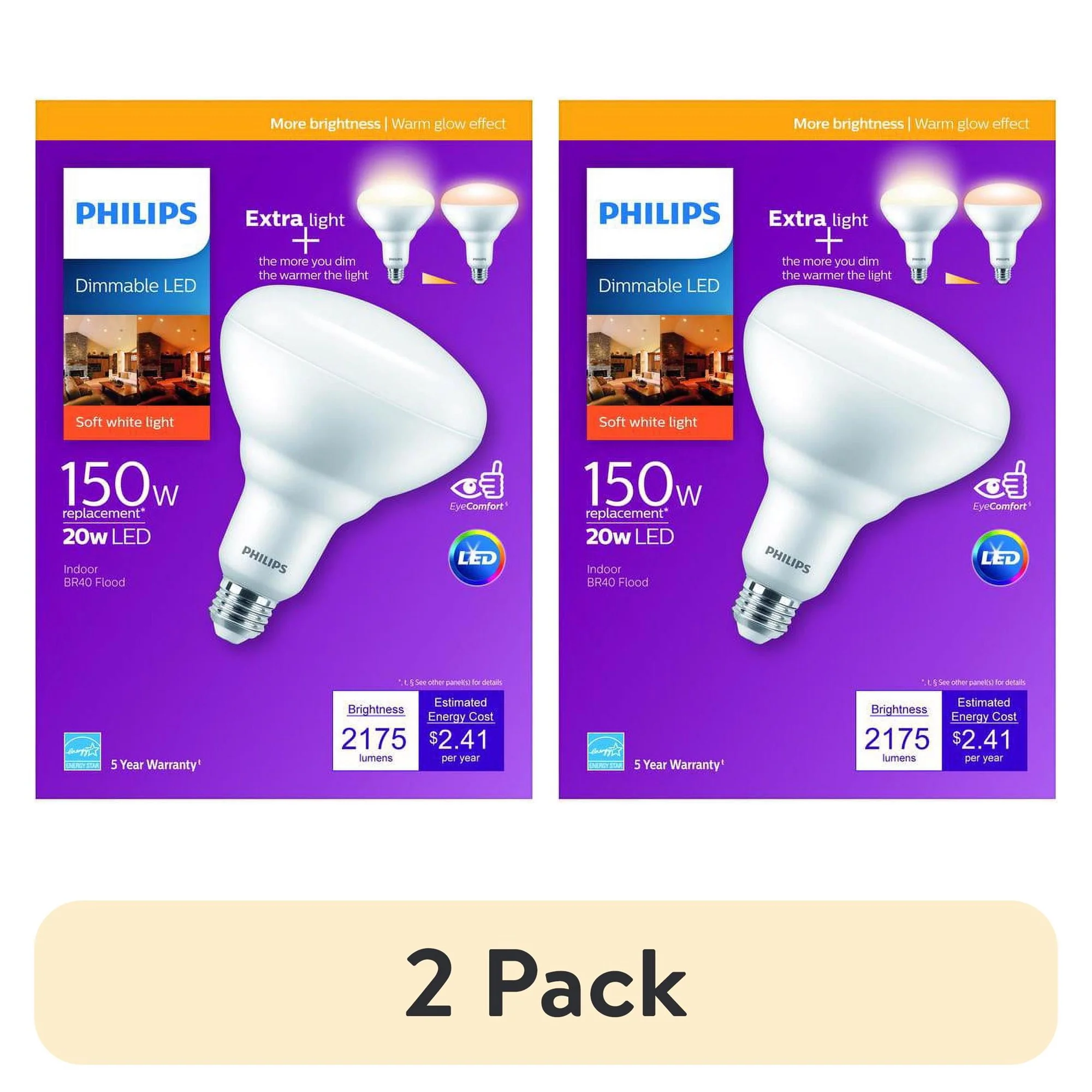 Philips 150-Watt Equivalent BR40 Dimmable LED Floodlight Bulbs with Warm Glow, Soft White 2700K (2-Pack)