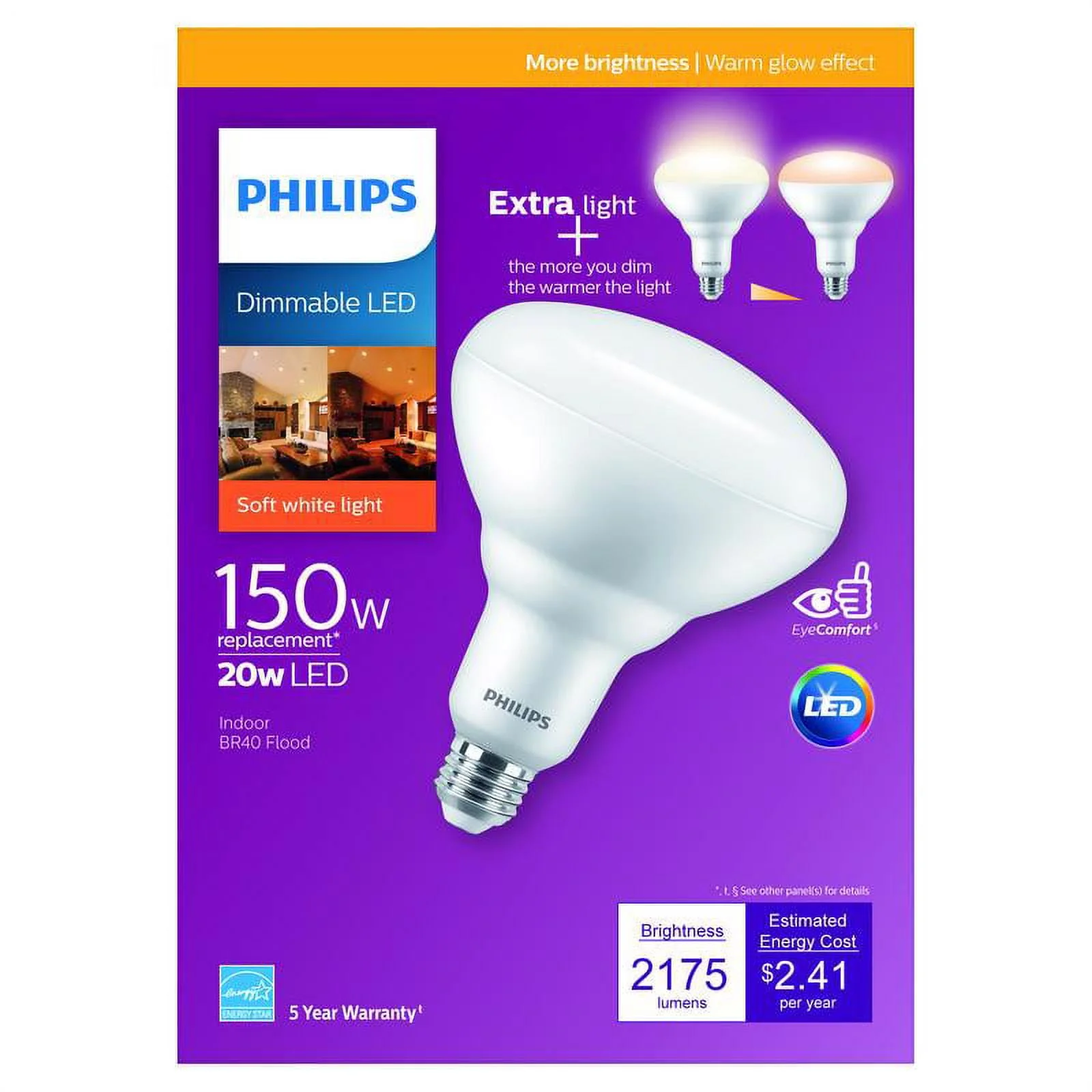 Philips 150-Watt Equivalent BR40 Dimmable LED Floodlight Bulbs with Warm Glow, Soft White 2700K (2-Pack) - Image 2