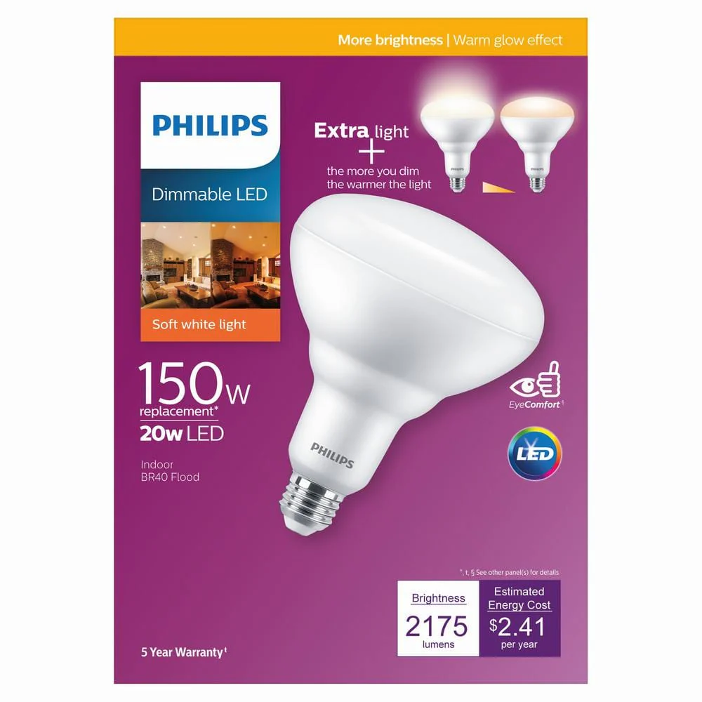 Philips 150-Watt Equivalent BR40 Dimmable LED Light Bulb with Warm Glow, Soft White 2700K (1 Bulb) - Image 4
