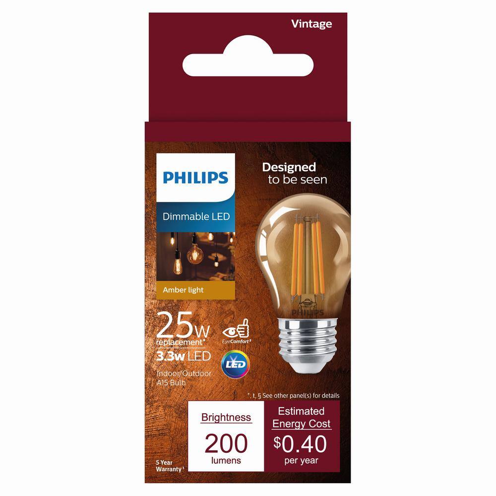Philips 25-Watt Equivalent A15 Indoor/Outdoor Clear Glass Edison LED Light Bulb, Amber Warm White 2200K, 4-Pack - Image 3