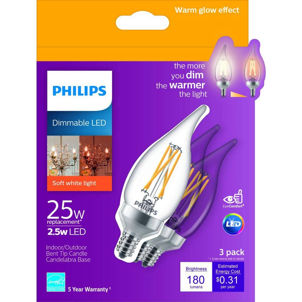Philips 25-Watt Equivalent B11 Dimmable Warm Glow LED Candle Bulb, Bent Tip, E12 Base, Soft White 2700K, 12-Pack - Image 6