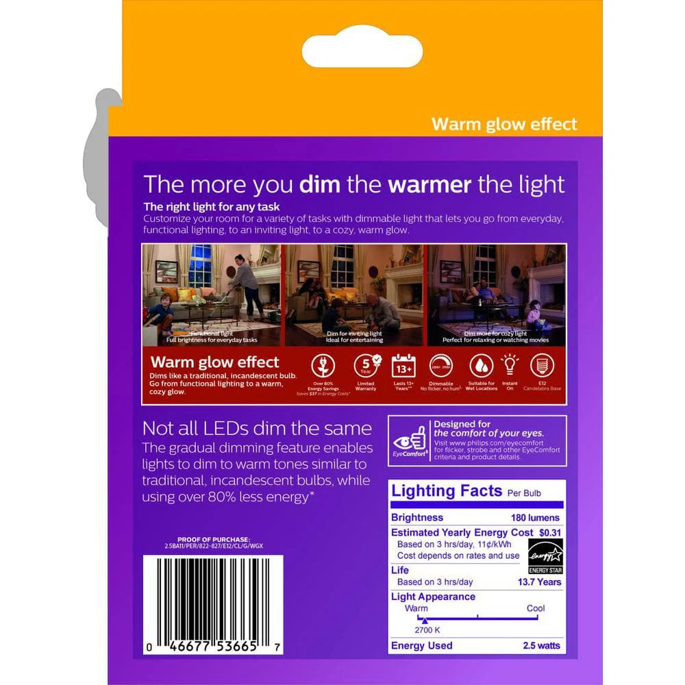 Philips 25-Watt Equivalent B11 Dimmable Warm Glow LED Candle Bulb, Bent Tip, E12 Base, Soft White 2700K, 12-Pack - Image 8