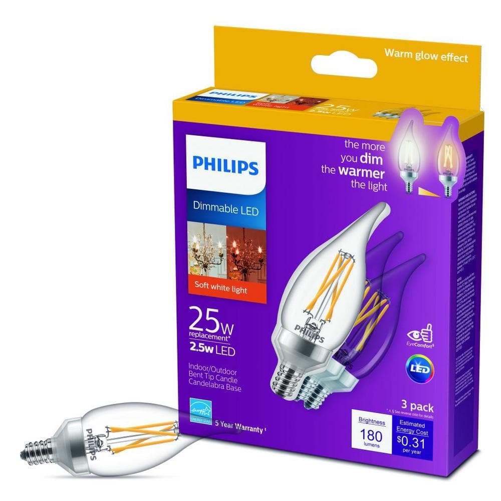 Philips 25-Watt Equivalent BA11 Dimmable Warm Glow LED Candle Light Bulb, Bent Tip, E12, Soft White 2700K (6-Pack) - Image 7