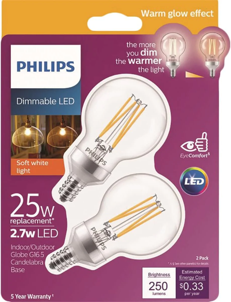 Philips 25W Equivalent G16.5 Dimmable LED Bulb, Warm Glow Effect, Candelabra Base, Soft White, 8-Pack