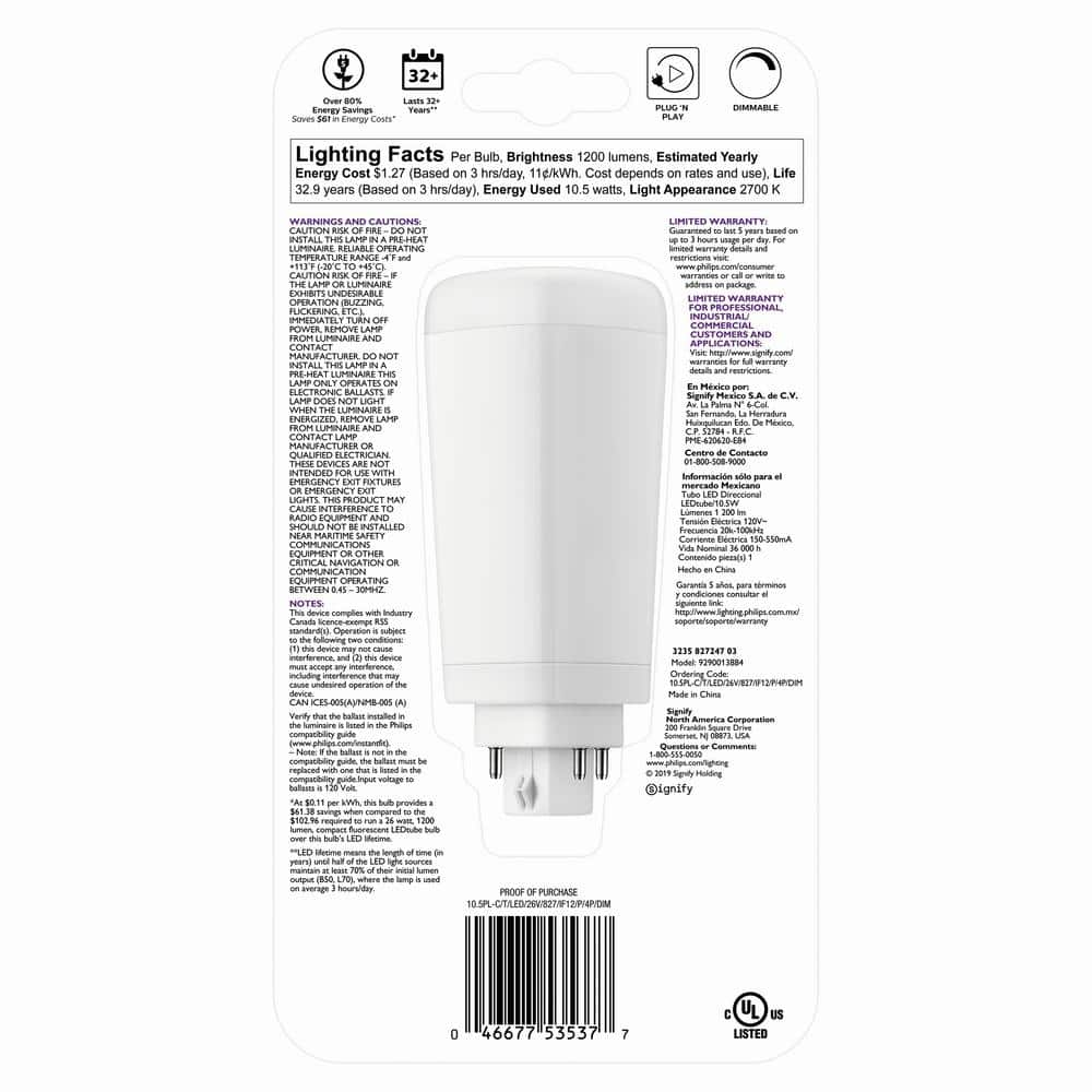 Philips 26-Watt Equivalent PL-C/T 4-Pin Dimmable Linear LED Light Bulb, Soft White (6-Pack) - Image 6