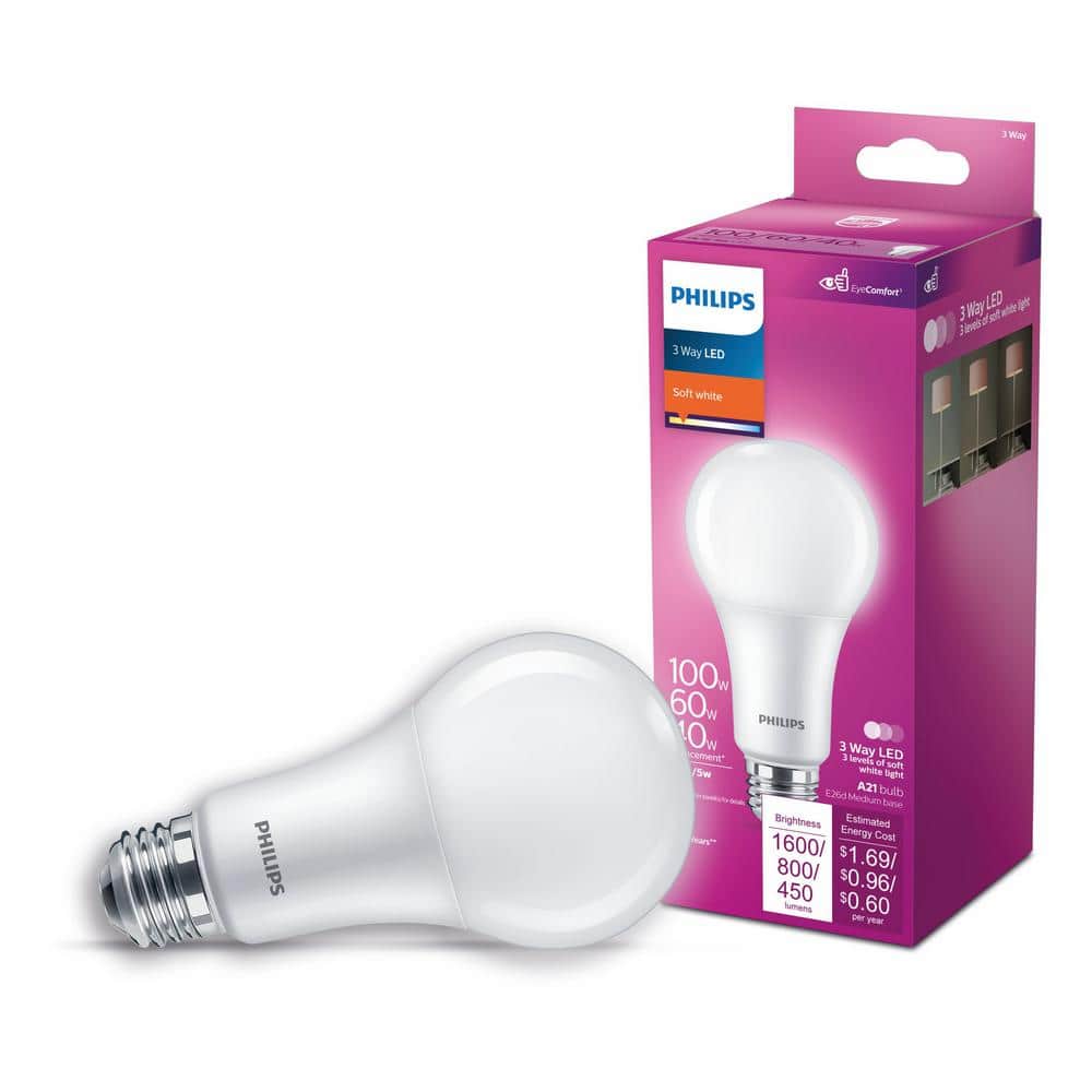 Philips 40/60/100-Watt Equivalent A21 3-Way LED Light Bulb, Soft White 2700K, E26 Medium Base