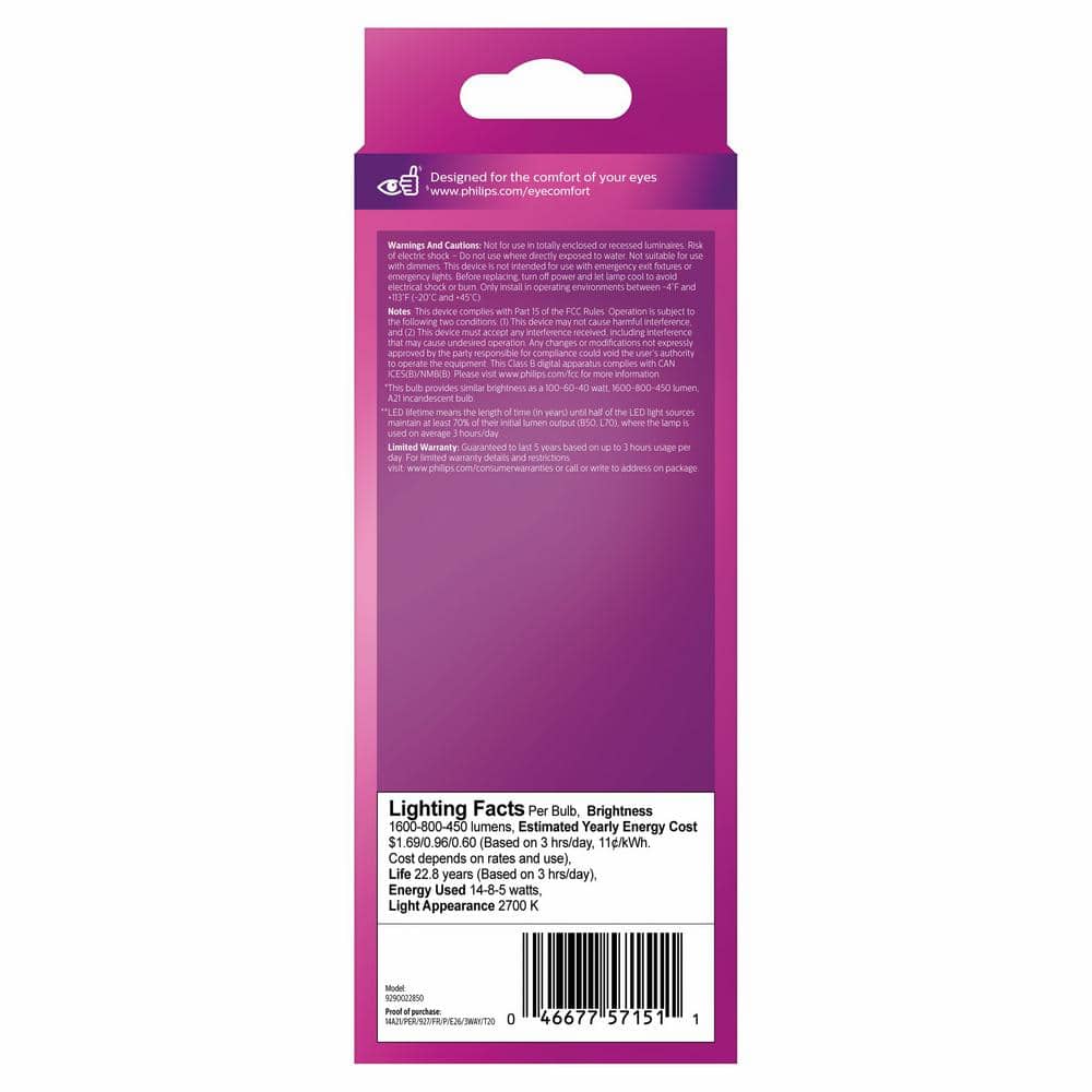 Philips 40/60/100-Watt Equivalent A21 3-Way LED Light Bulb, Soft White 2700K, E26 Medium Base - Image 7