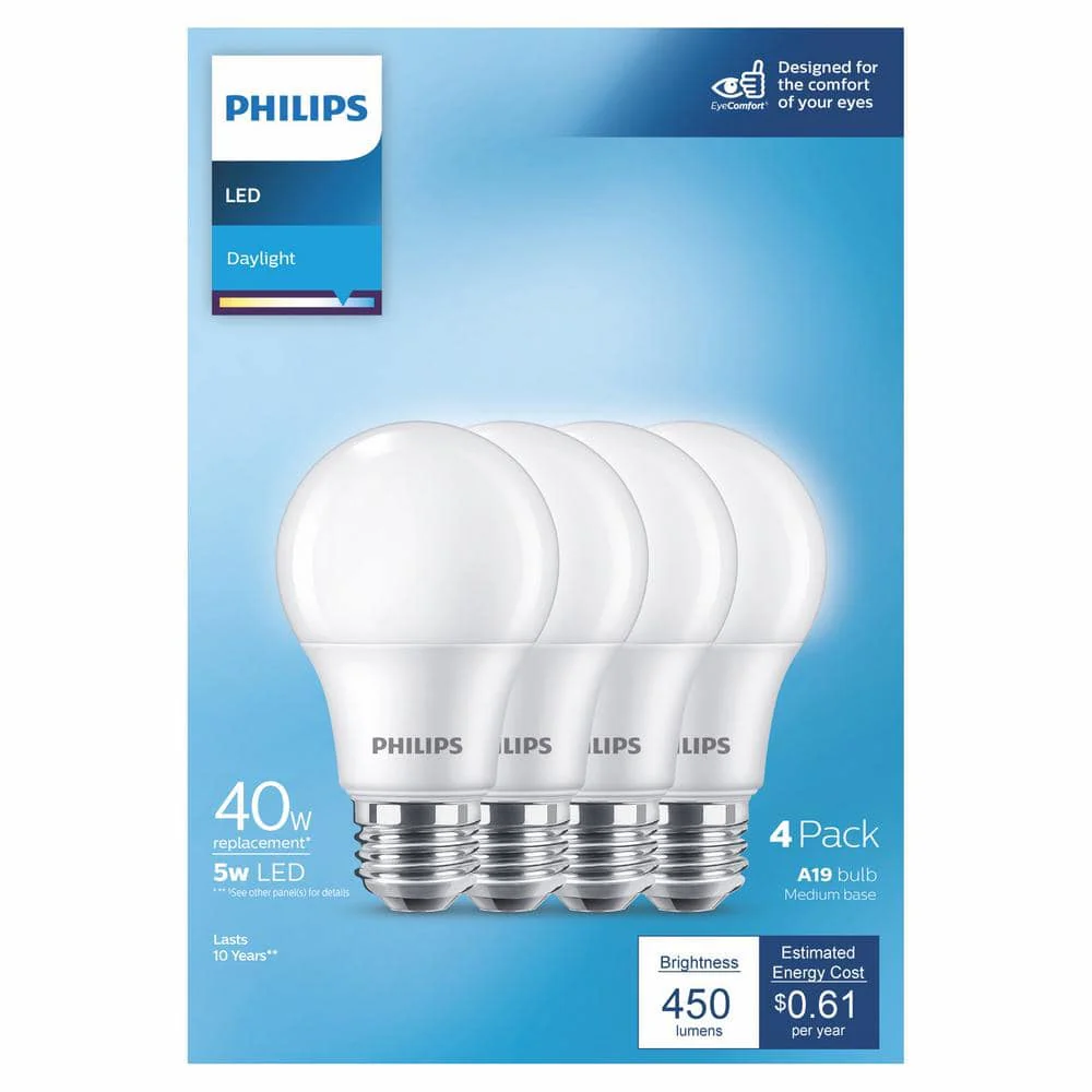 Philips 40-Watt Equivalent A19 Non‑Dimmable Energy‑Saving Frosted Classic Glass LED Light Bulb, Daylight 5000K (8‑Pack) - Image 5