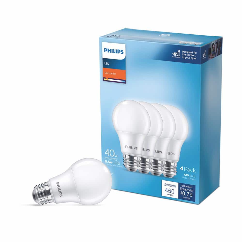 Philips 40-Watt Equivalent A19 Non-Dimmable Frosted Classic Glass LED Bulb, Soft White 2700K, Medium E26 Base (4-Pack)