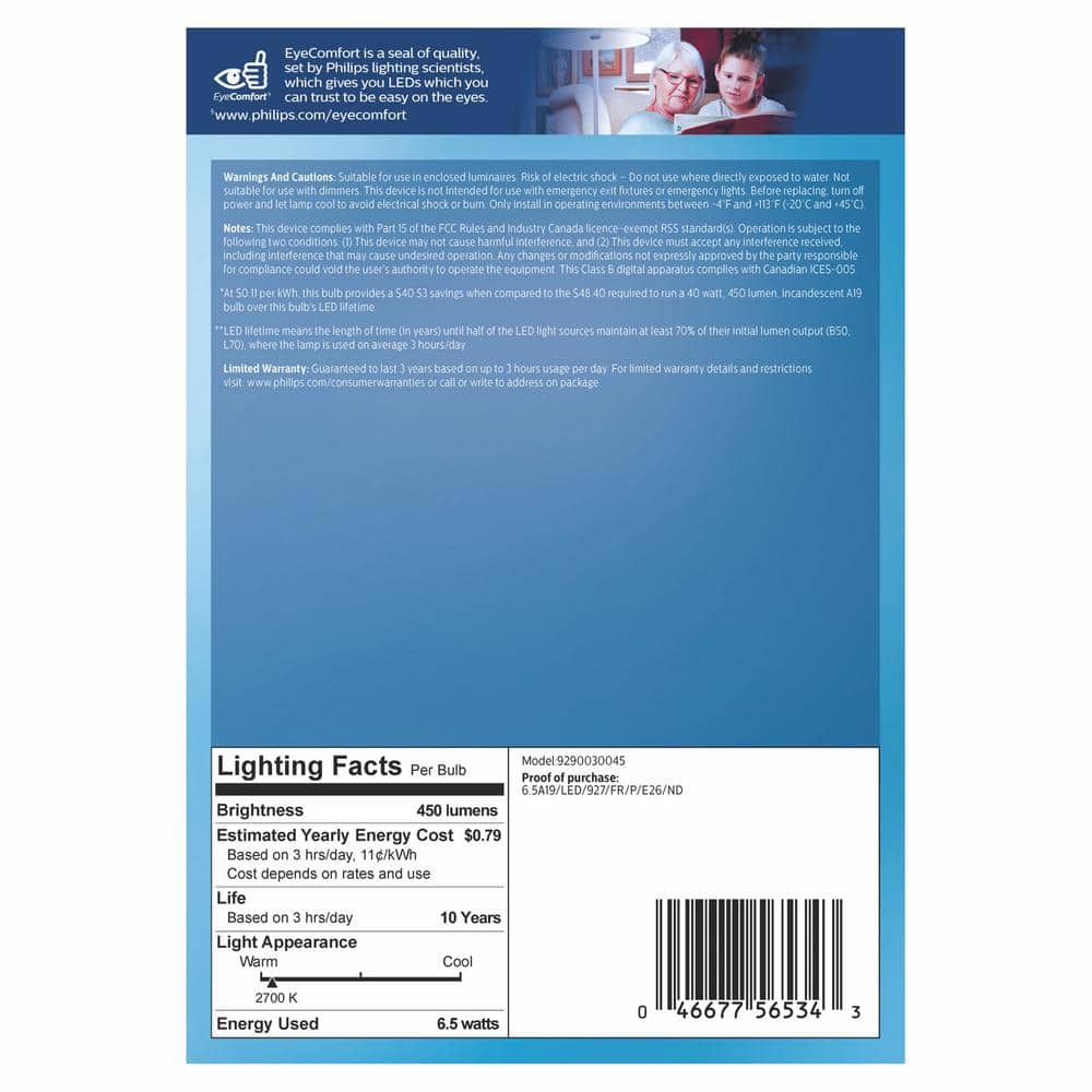 Philips 40-Watt Equivalent A19 Non-Dimmable Frosted Classic Glass LED Bulb, Soft White 2700K, Medium E26 Base (4-Pack) - Image 8