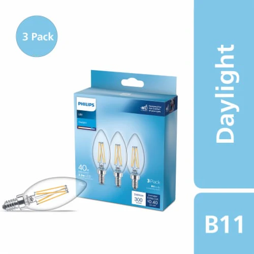 Philips 40-Watt Equivalent B11 Dimmable Edison LED Candle Light Bulb, Glass Bent Tip, Candelabra Base, Daylight 5000K (3-Pack)