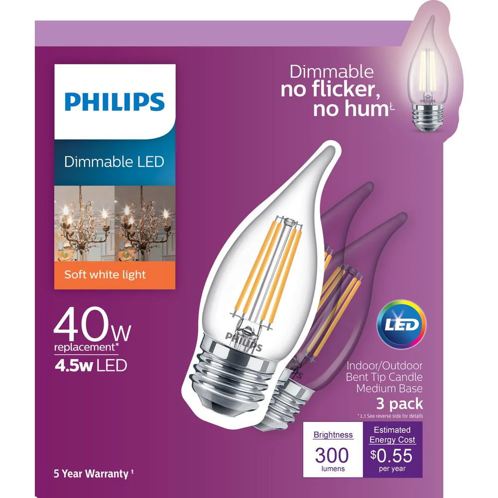 Philips 40-Watt Equivalent B11 Dimmable LED Bent Tip Candle Light Bulb, Soft White, Medium Base (3-Pack)