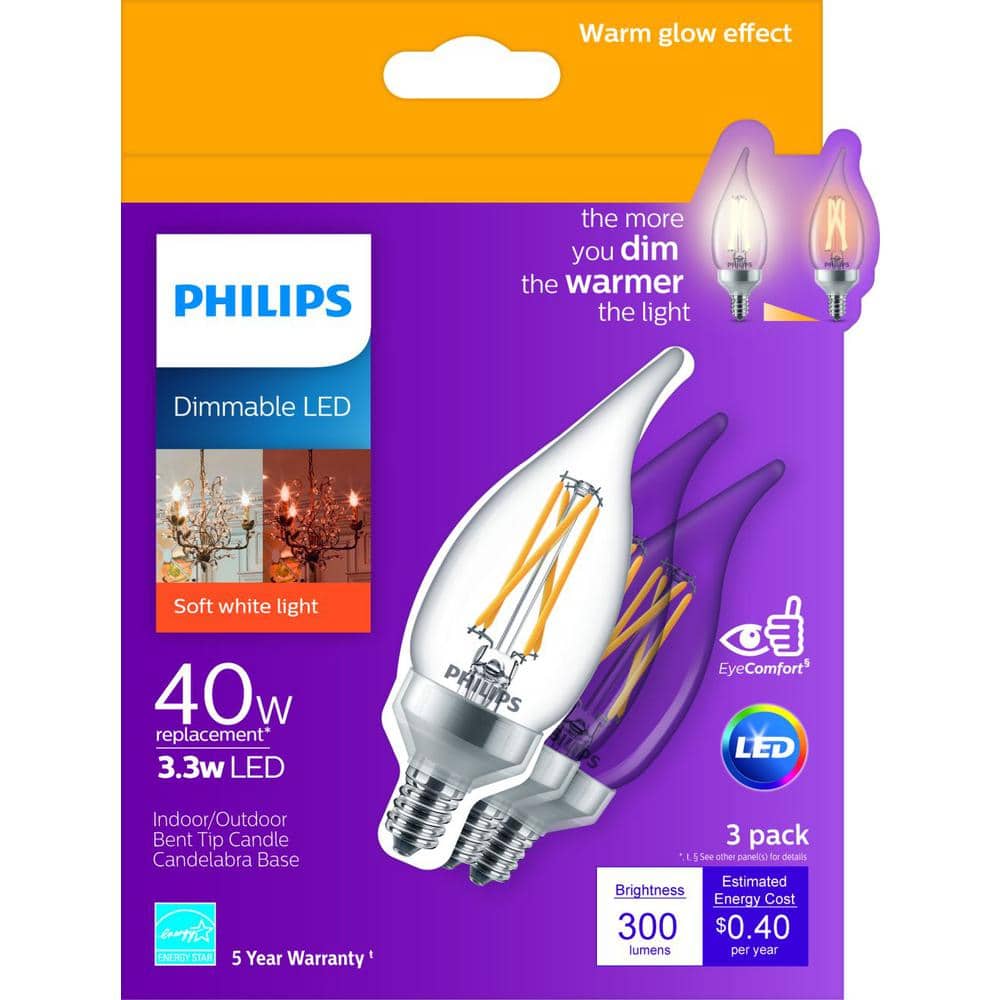 Philips 40-Watt Equivalent B11 Dimmable Warm Glow Bent Tip E12 Candle LED Light Bulb, Soft White 2700K (12-Pack) - Image 7