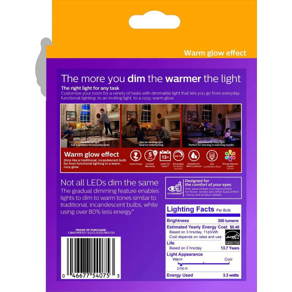 Philips 40-Watt Equivalent B11 Dimmable Warm Glow Bent Tip E12 Candle LED Light Bulb, Soft White 2700K (12-Pack) - Image 8
