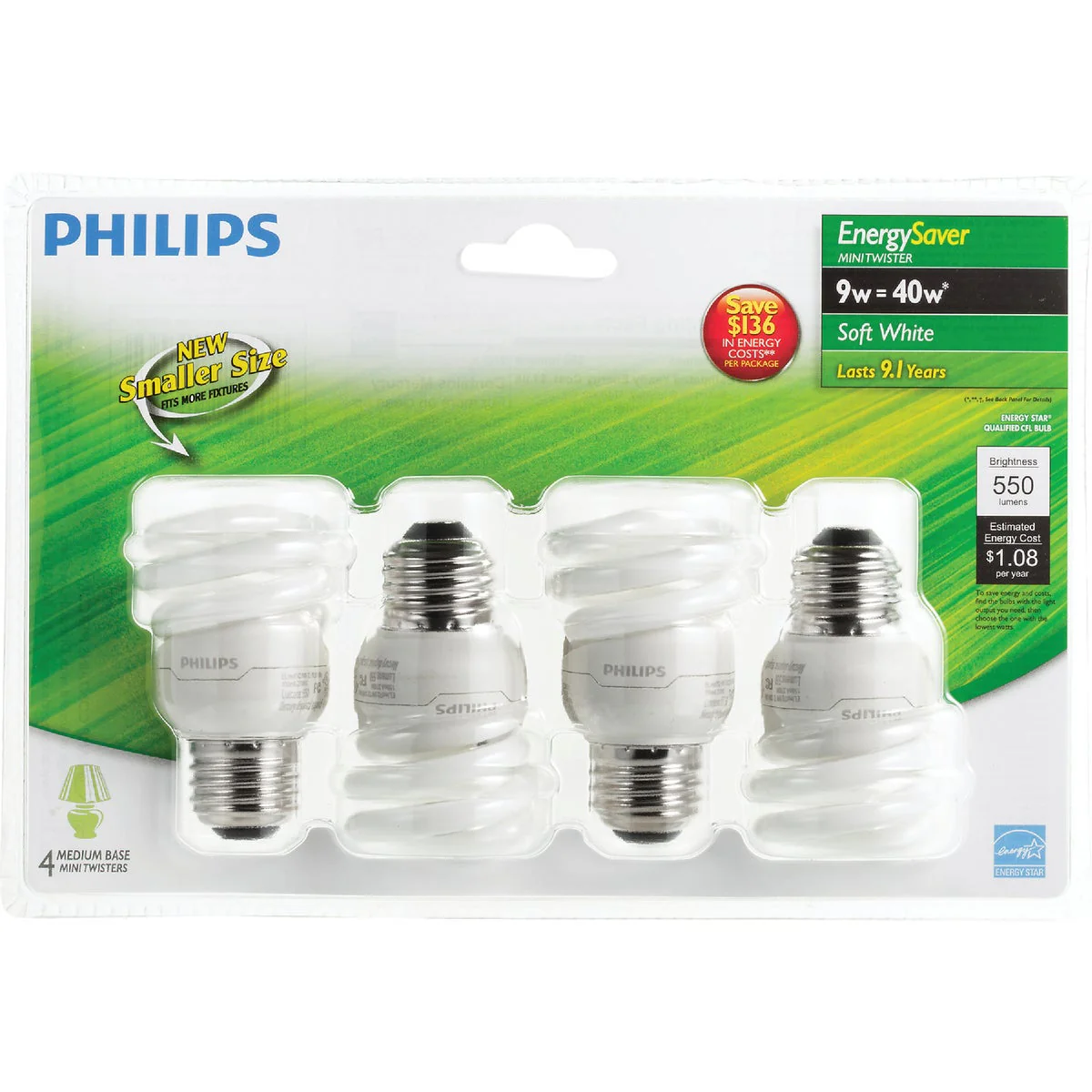 Philips 40-Watt Equivalent CFL MiniTwister Light Bulb, Soft/Bright White 3500K, Medium Base (4-Pack) - Image 2