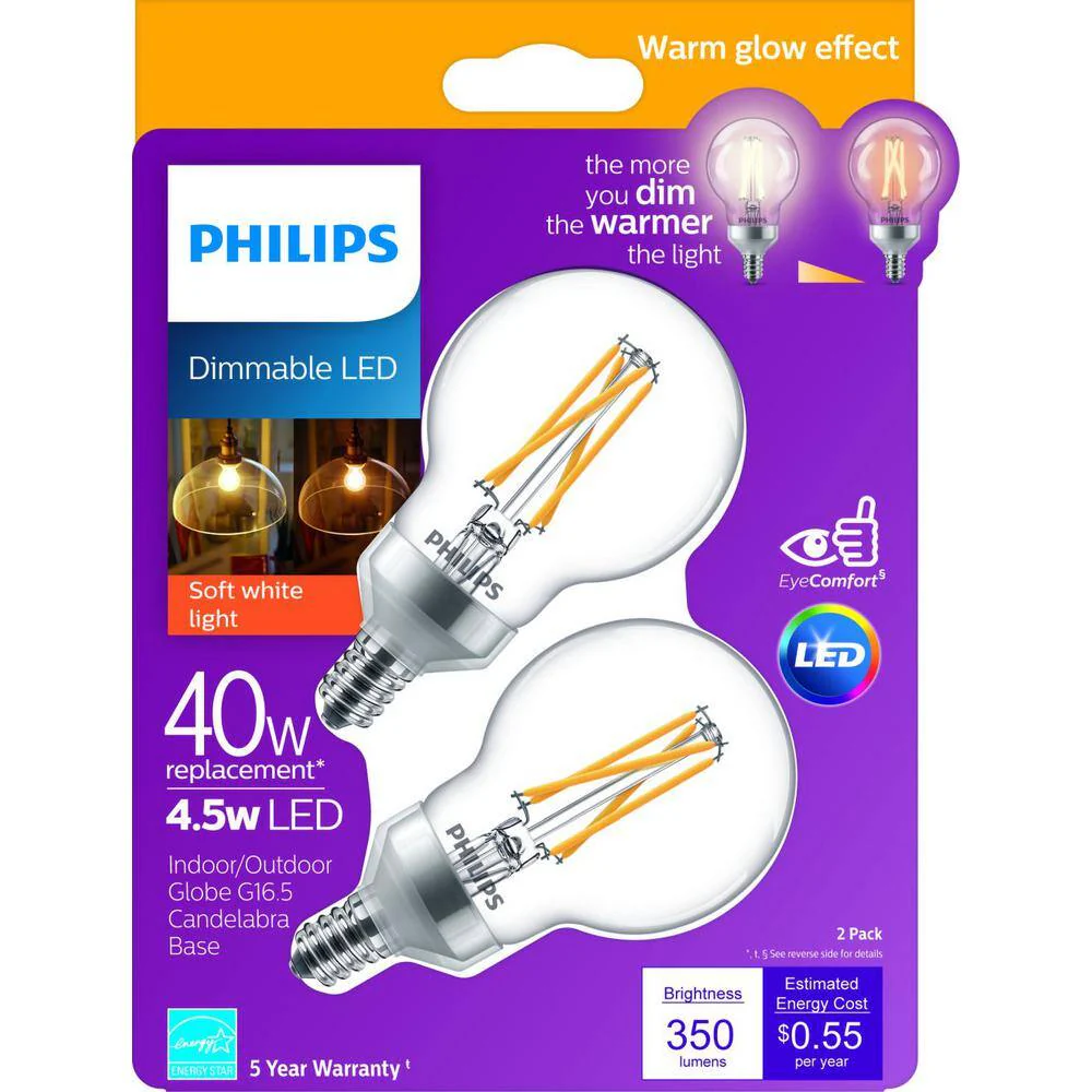 Philips 40-Watt Equivalent G16.5 Dimmable Candelabra Base LED Light Bulb with Dimming Effect, Soft White (4-Pack) - Image 6