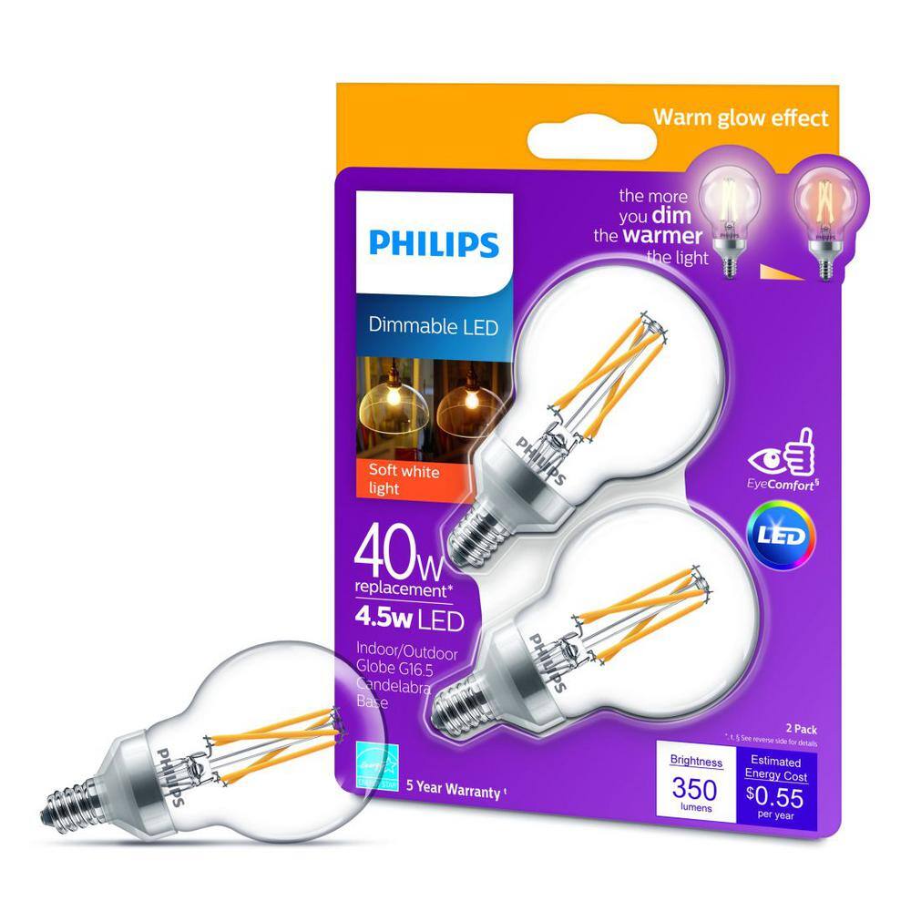 Philips 40-Watt Equivalent G16.5 Dimmable Candelabra Base LED Light Bulb with Dimming Effect, Soft White (4-Pack) - Image 7