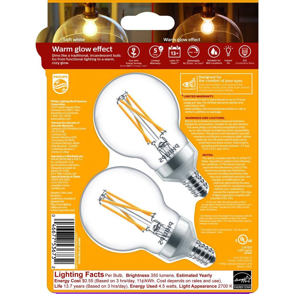 Philips 40-Watt Equivalent G16.5 Dimmable Candelabra Base LED Light Bulb with Dimming Effect, Soft White (4-Pack) - Image 8