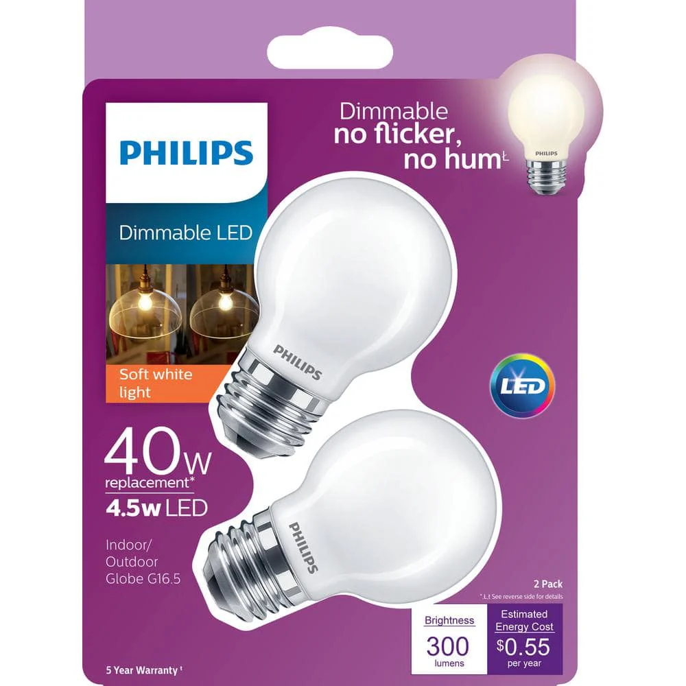 Philips 40-Watt Equivalent G16.5 Dimmable LED Light Bulb, Soft White Globe, 300 Lumens (2-Pack) - Image 6