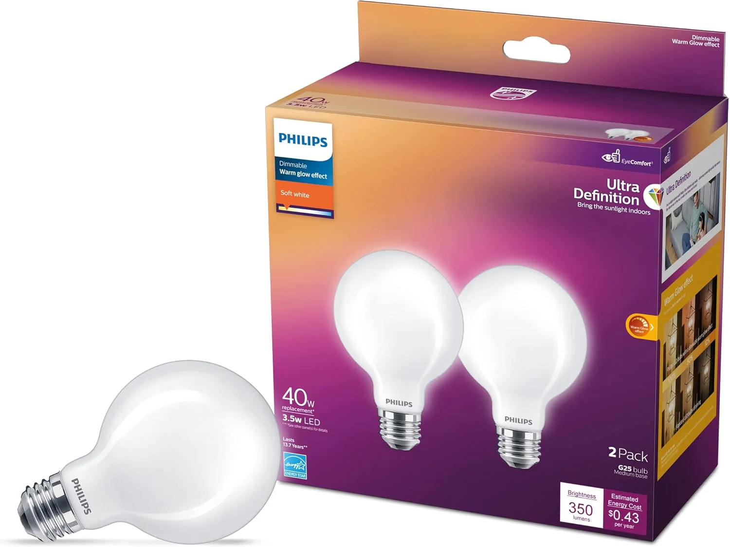 Philips 40-Watt Equivalent G25 Dimmable LED Light Bulb, Daylight, 8-Pack - Image 2