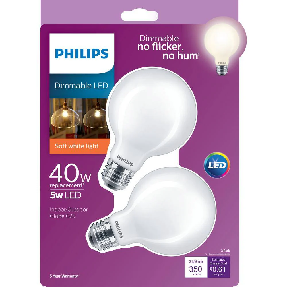 Philips 40-Watt Equivalent G25 Dimmable LED Light Bulb, Soft White, Frosted Globe (2-Pack) - Image 7