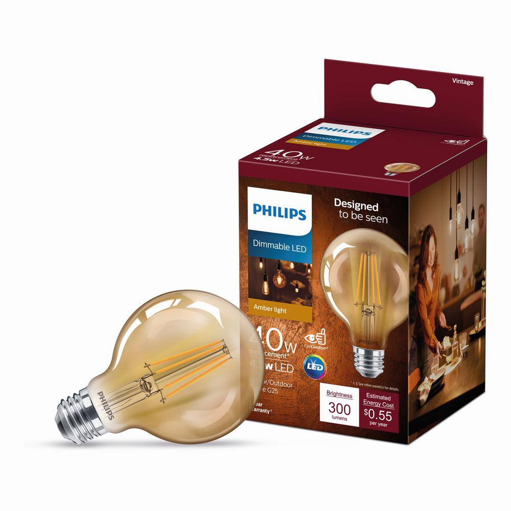 Philips 40-Watt Equivalent G25 Dimmable Vintage Glass Edison LED Globe Light Bulb, Amber Warm White 2000K (1 Bulb) - Image 2