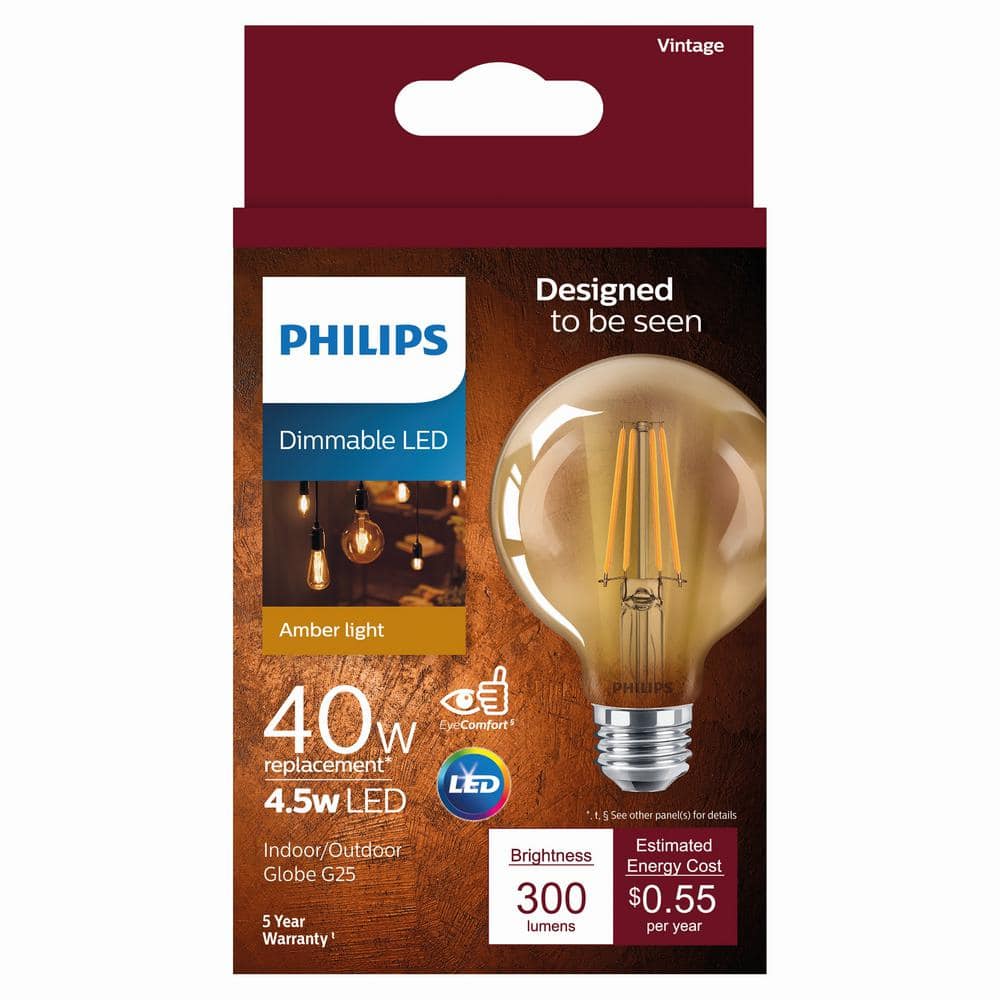 Philips 40-Watt Equivalent G25 Dimmable Vintage Glass Edison LED Globe Light Bulb, Amber Warm White 2000K (2-Pack) - Image 3