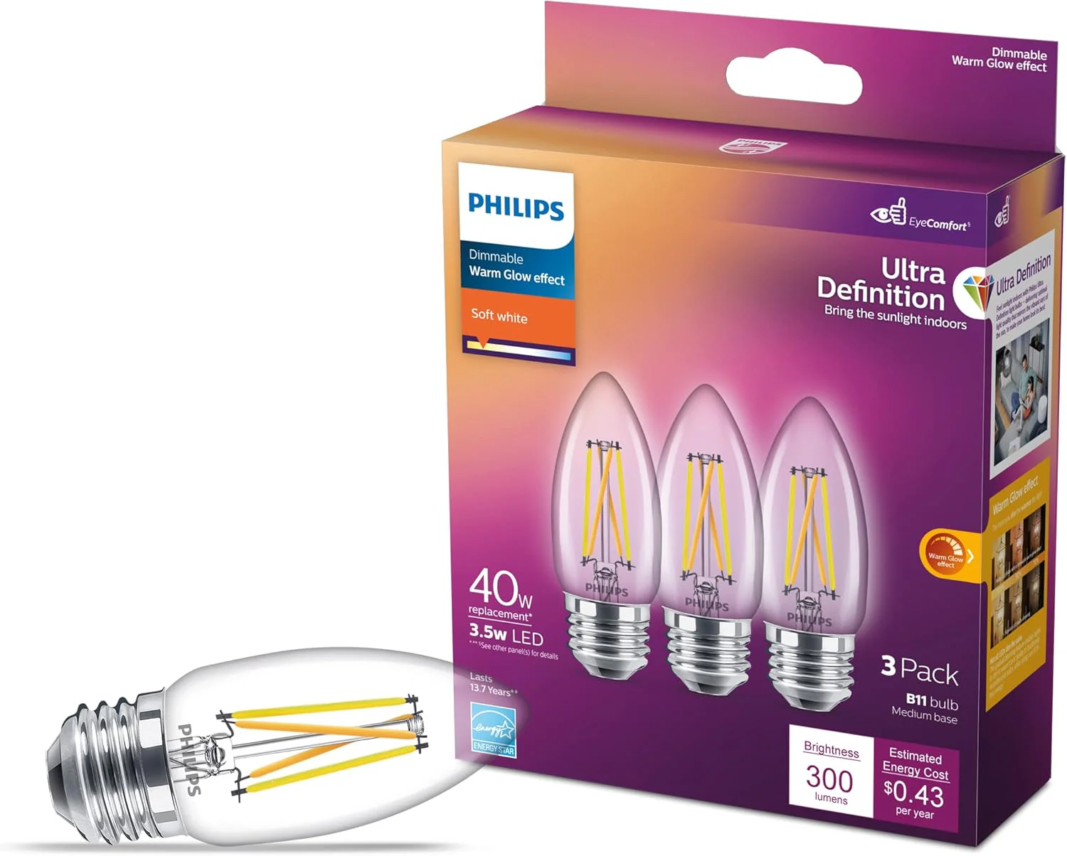 Philips 40W Equivalent BA11 LED Candle Bulbs, Soft White 2700K, Warm Glow Dimmable, E26 Medium Base, Bent Tip, 3.5W, 300 Lumens, 3-Pack