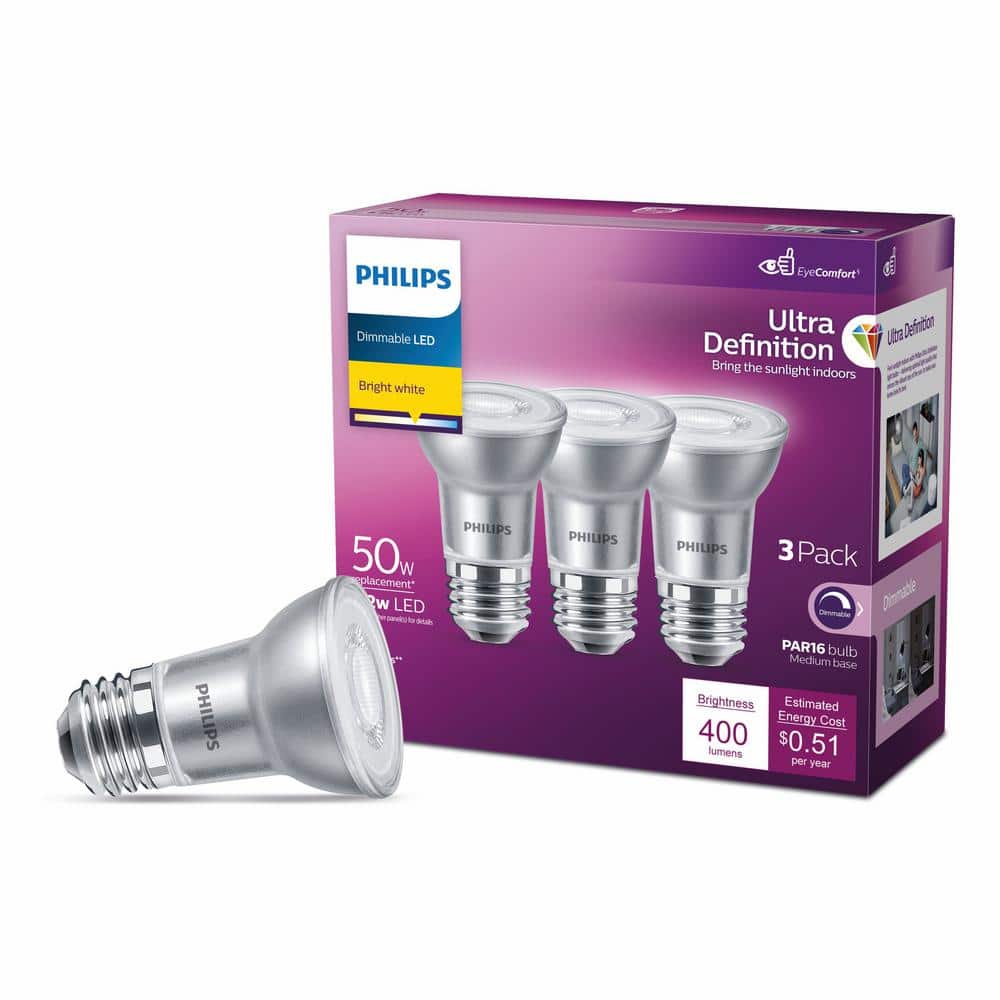 Philips 50-Watt Equivalent PAR16 Dimmable LED Light Bulb, Glass, Bright White (6-Pack)