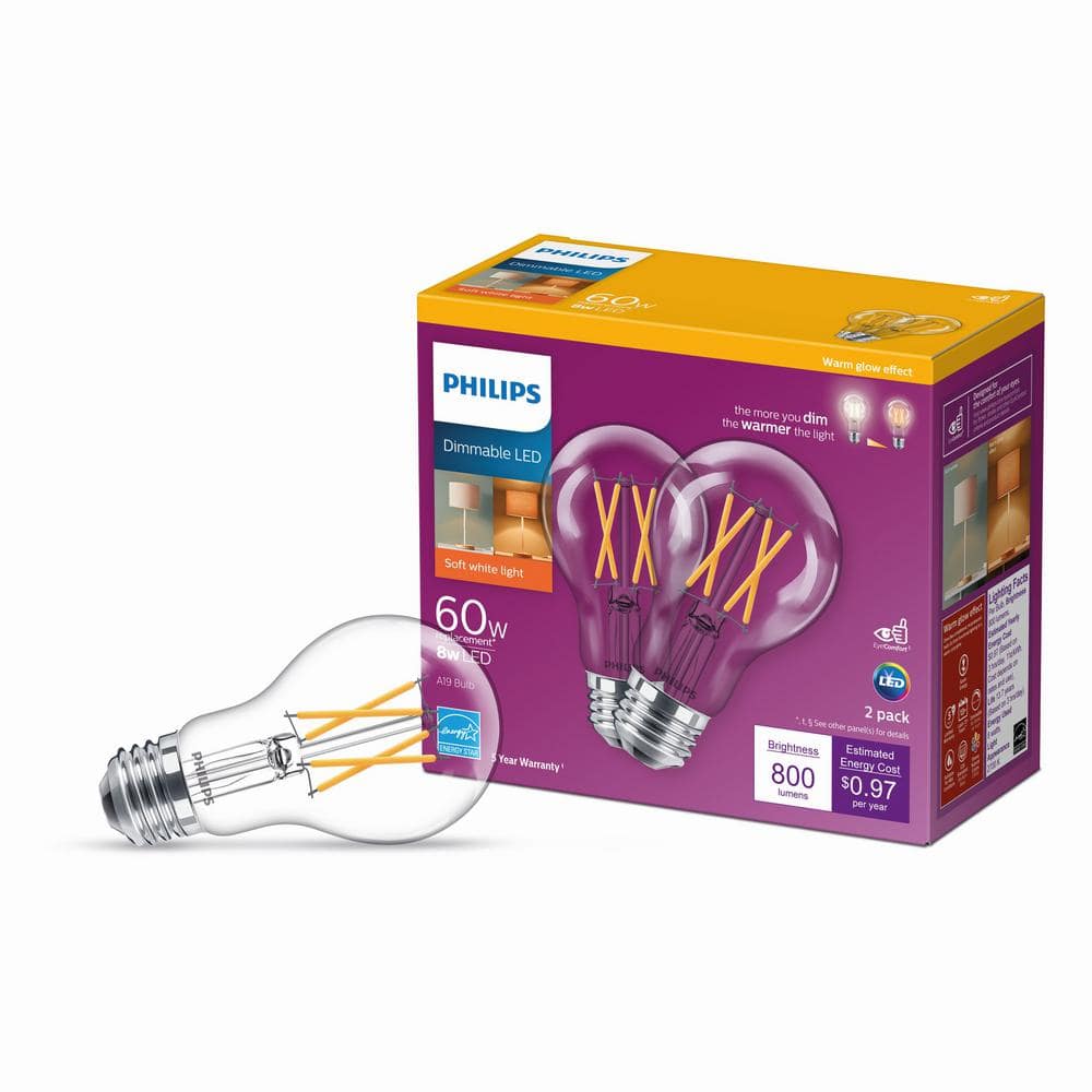Philips 60-Watt Equivalent A19 Dimmable LED Bulb with Warm Glow, Clear Glass, Soft White 2700K (2-Pack) - Image 7