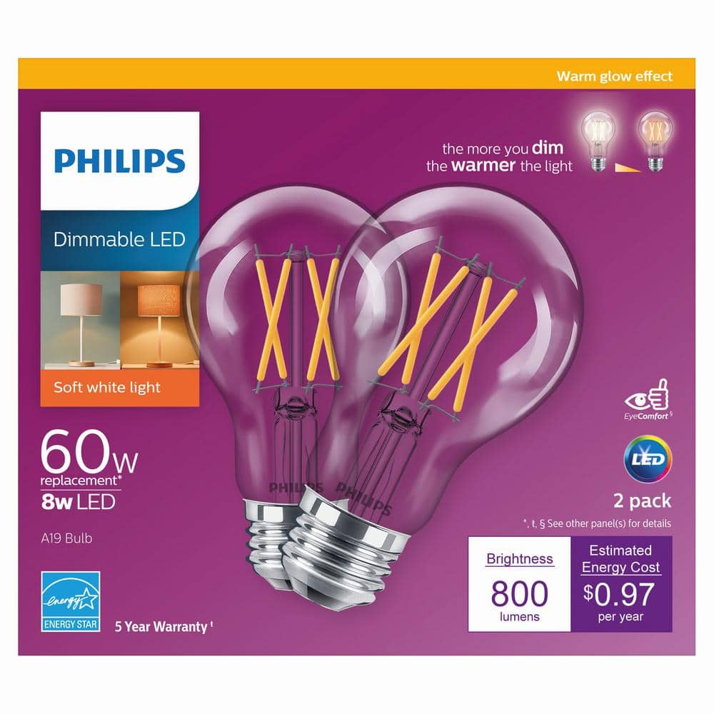 Philips 60-Watt Equivalent A19 Dimmable LED Bulb with Warm Glow, Clear Glass, Soft White 2700K (2-Pack) - Image 8