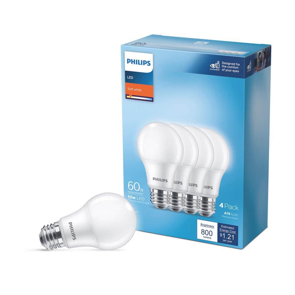 Philips 60-Watt Equivalent A19 Non-Dimmable Energy Saving Frosted Classic Glass LED Light Bulb, Soft White (2700K), 4-Pack