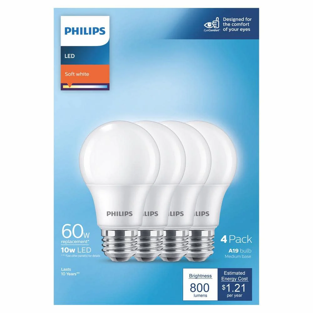 Philips 60-Watt Equivalent A19 Non-Dimmable Energy Saving Frosted Classic Glass LED Light Bulb, Soft White (2700K), 4-Pack - Image 7