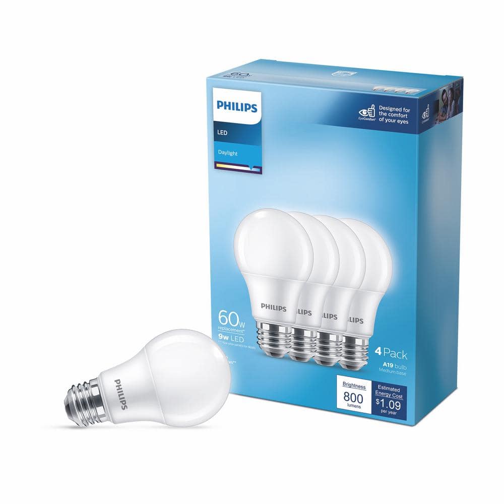 Philips 60-Watt Equivalent A19 Non-Dimmable Energy Saving LED Light Bulb, Daylight 5000K, 4-Pack