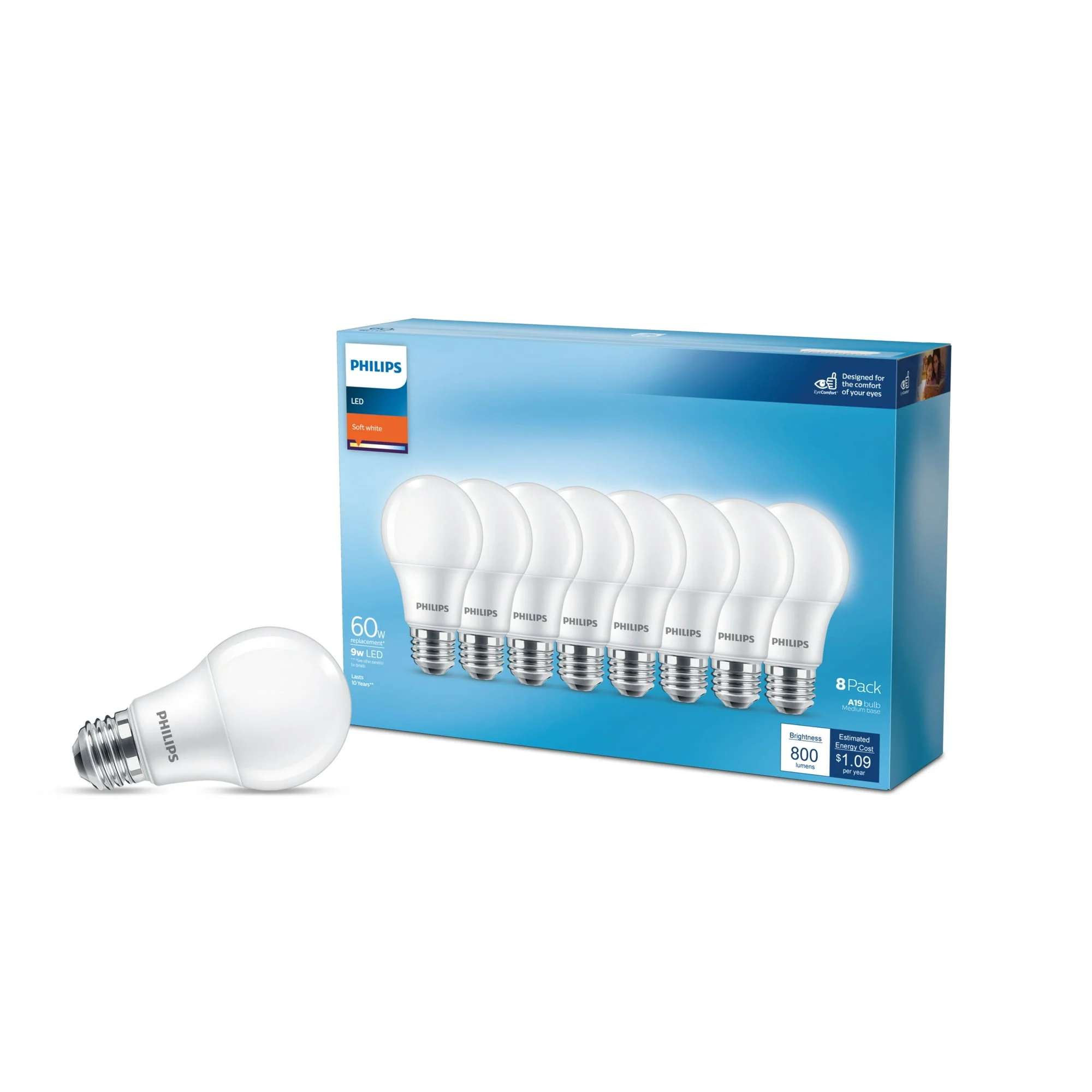Philips 60-Watt Equivalent A19 Non-Dimmable Frosted LED Light Bulb, Soft White 2700K, E26 Base (8-Pack)