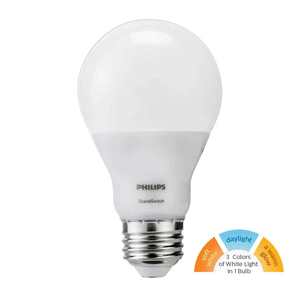 Philips 60-Watt Equivalent A19 SceneSwitch LED Light Bulb, Daylight (5000K) / Soft White (2700K) / Warm Glow (2200K), 4-Pack