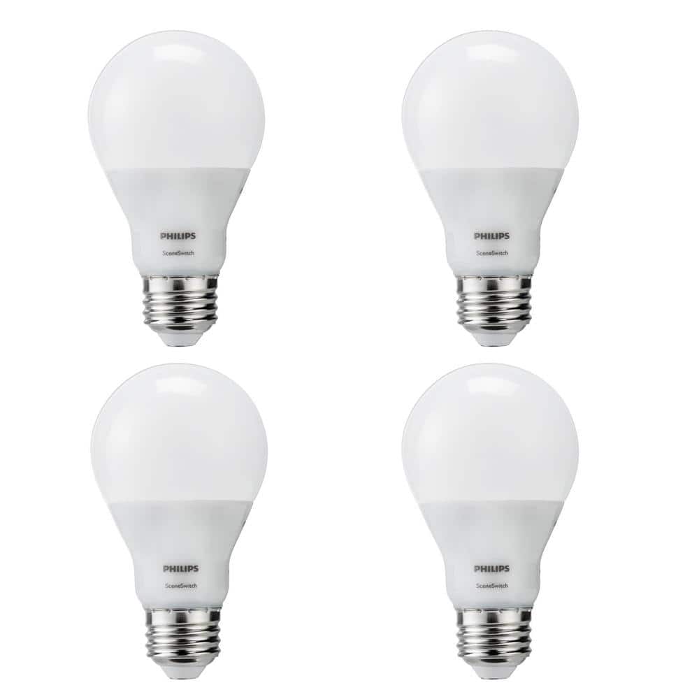 Philips 60-Watt Equivalent A19 SceneSwitch LED Light Bulb, Soft White 2700K / Amber 2500K / Warm Glow 2200K (4-Pack)