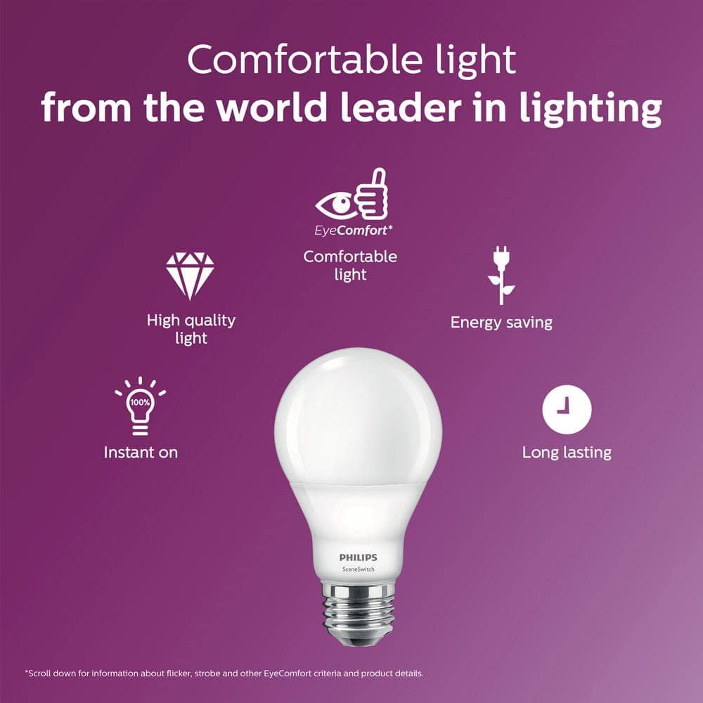 Philips 60-Watt Equivalent A19 SceneSwitch LED Light Bulb, Soft White 2700K / Amber 2500K / Warm Glow 2200K, 4-Pack - Image 4